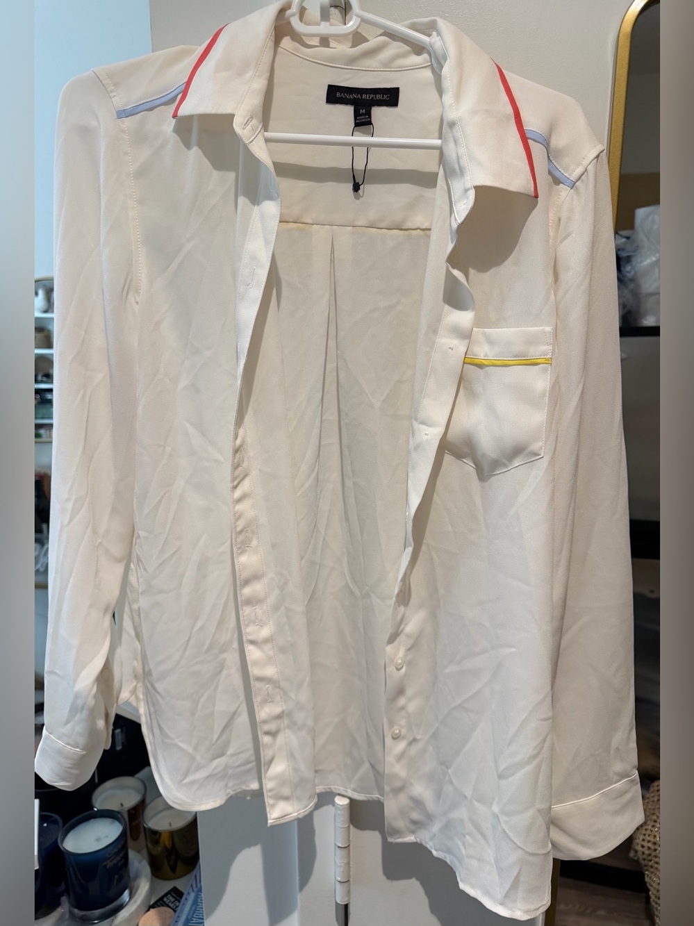 Banana Republic White Button-Down Shirt with Red, Blue, and Yellow Trim